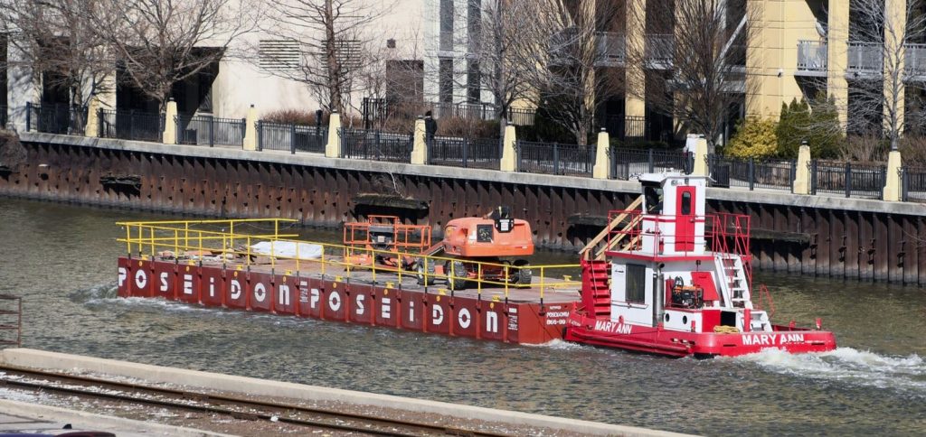 The City of Chicago uses their P1 40x10x5 Barges as a manlift transport in Chicago, IL 2021 photo by Lou Gerard